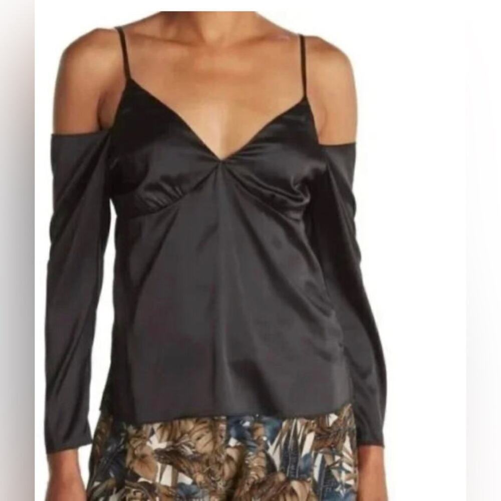 WAYF Women’s Cold Shoulder Long Sleeve Cami Style Satin Blouse Size S Black